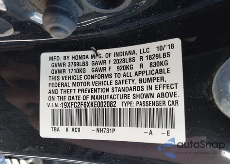 2019 Honda Civic Lx из США, поврежденный, VIN 19XFC2F6XKE002082